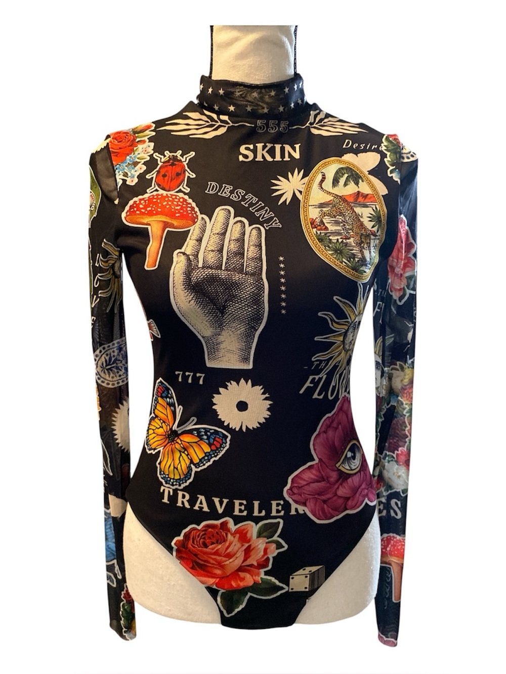 Agua Bendita Octavia One Piece Sz M Black Tattoo Print Long Sleeve High Neck
